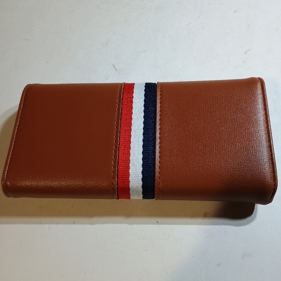 Brown Wallet with Blue White Red Stripe Detail Magnet Closer. Syn Leather. - Picture 2 of 5